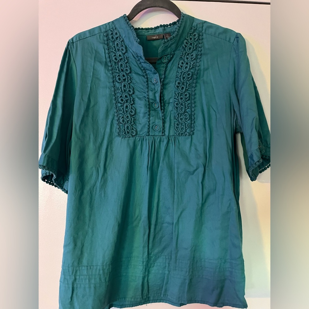 Teal Asian inspired linen top XL